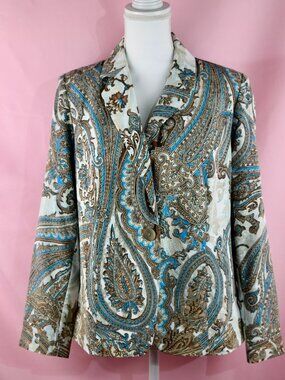 Chico's Blue and Brown Paisley Single Button Blazer | Size M